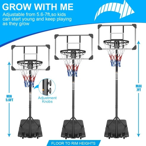 Portable Basketball Goal System With Stable Base And Wheels, Youth Height Adjustable 5.6 To 7ft Basketball Hoop 28 Inch Backboard